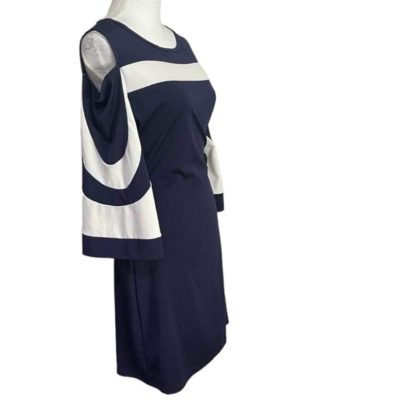 Cold Shoulder Navy Shift Dress with Long Bell Sleeves XL - Picture 2 of 13
